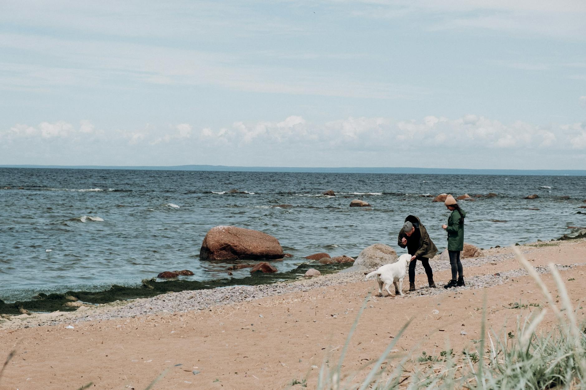 Para z psem spaceruje zimą po kamienistej, pustej plaży nad morzem