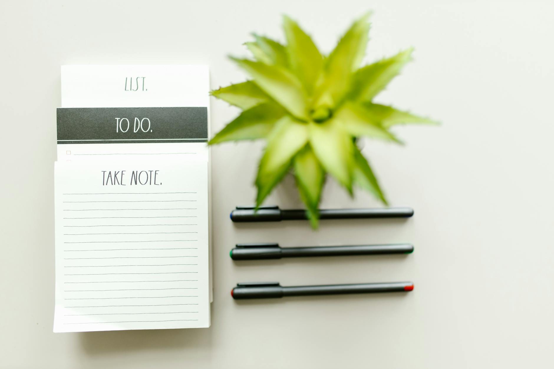 Minimalistyczna lista zadań z czarnymi długopisami i małą rośliną